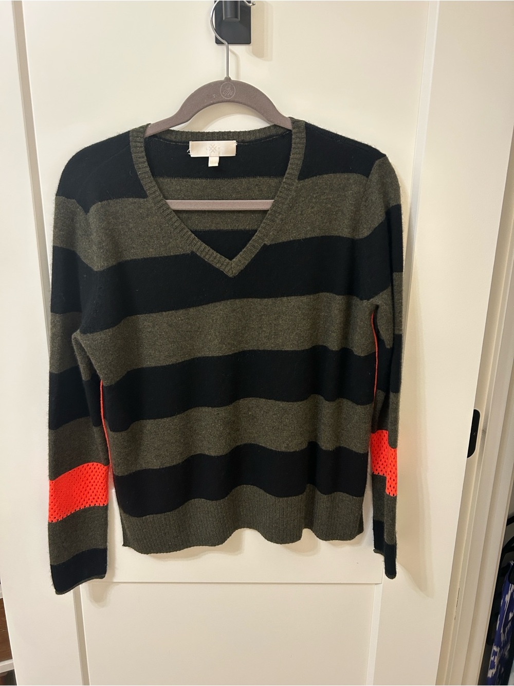 100% Cashmere Olive & Black with Orange Accents Sweater